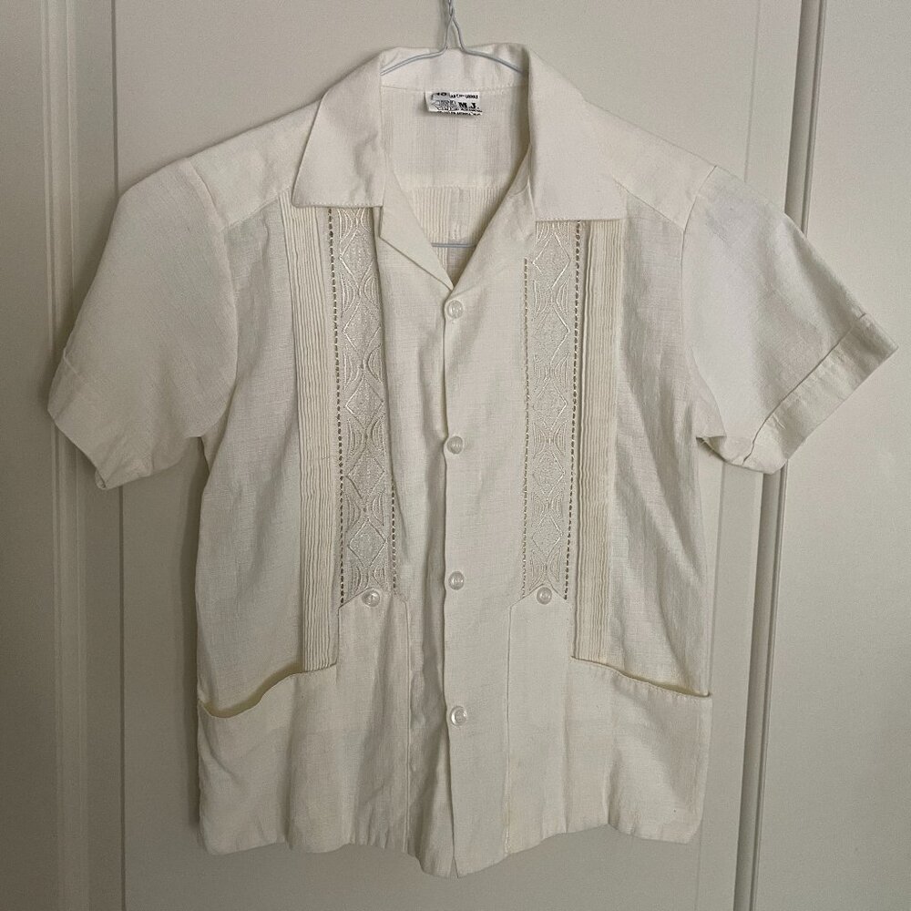 100% Linen Boy's Size 10 Guayabera with Beautifully Embroidered Accents